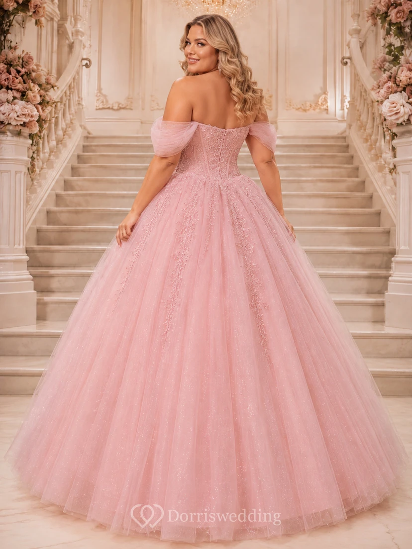 Vestido de fiesta formal de princesa de tul brillante con hombros descubiertos, color rosa empolvado, talla grande, para quinceañera view 2