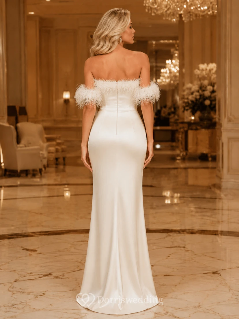 Pearl Tone Feather Off-the-shoulder Mermaid Evening Dress view 2