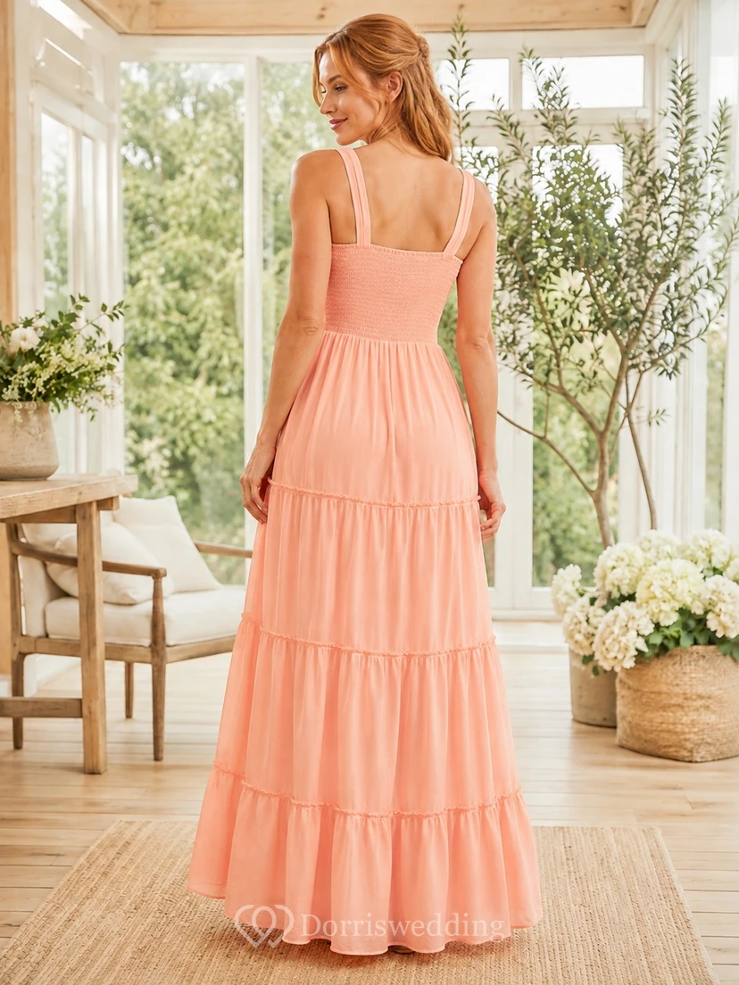 Casual Coral Chiffon A-Line Floor-Length Square Neck Tiered Ruffle Maxi Dress view 2