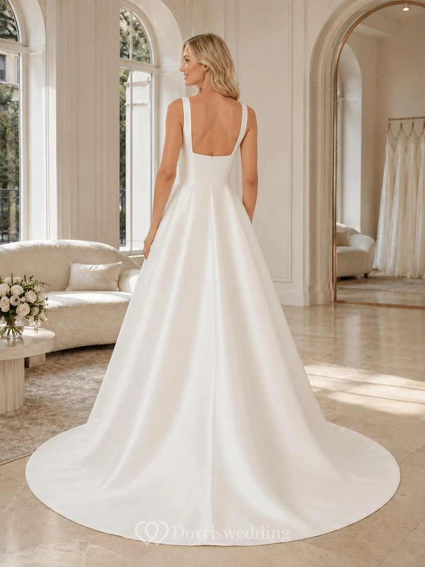 Robe de mariée moderne en satin simple, col carré, coupe trapèze et traîne chapelle view 2