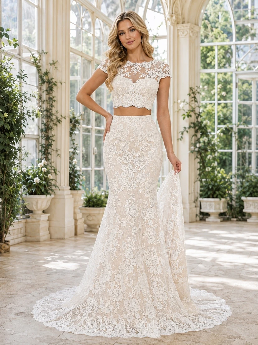 Boho Square Neck A-line Lace Sweep Train Wedding Dress Formal