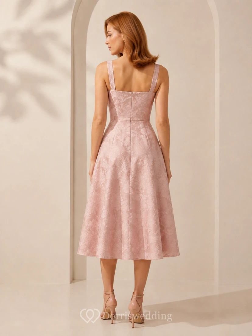 Robe trapèze mi-longue en dentelle florale rose poudré à col carré view 2