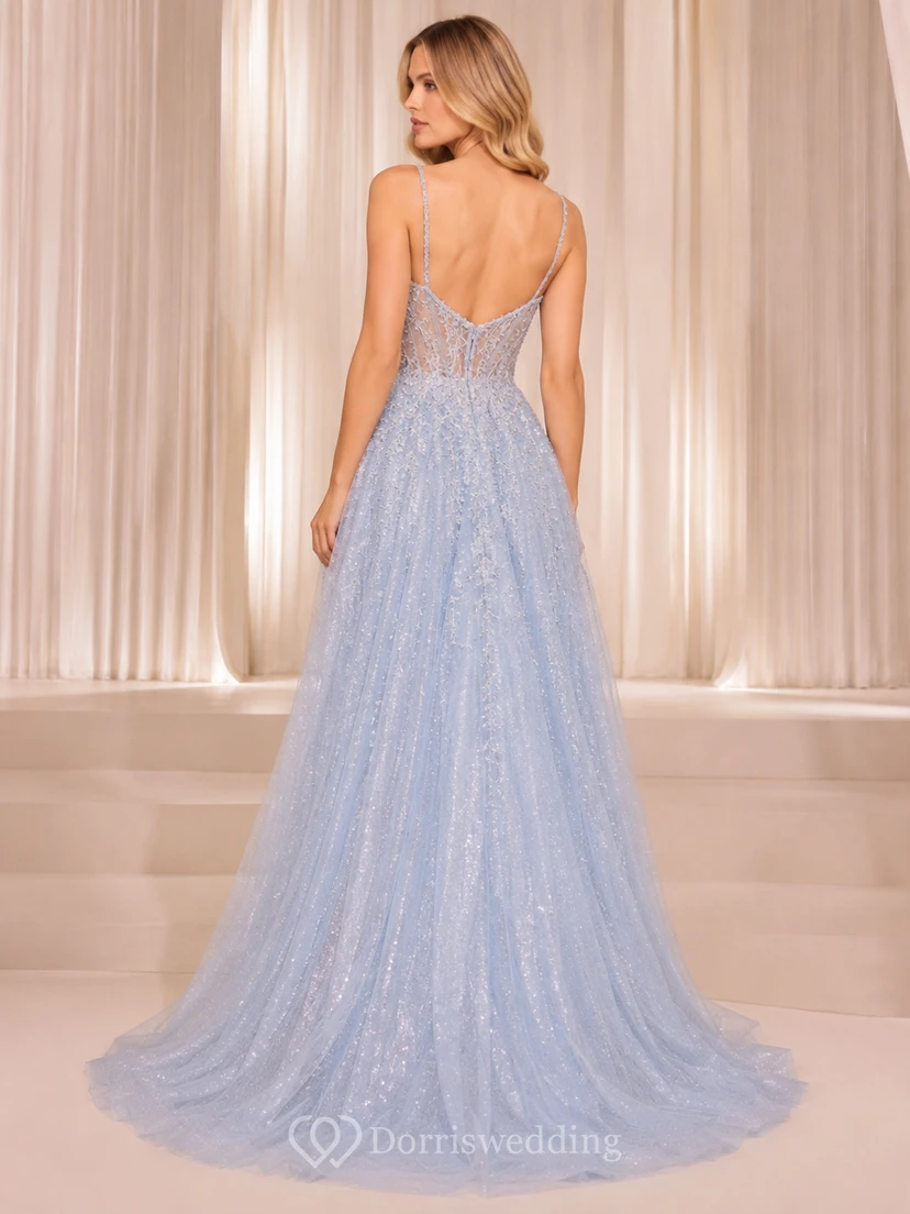 Light blue spaghetti strap tulle A-line gown with lace bodice view 2