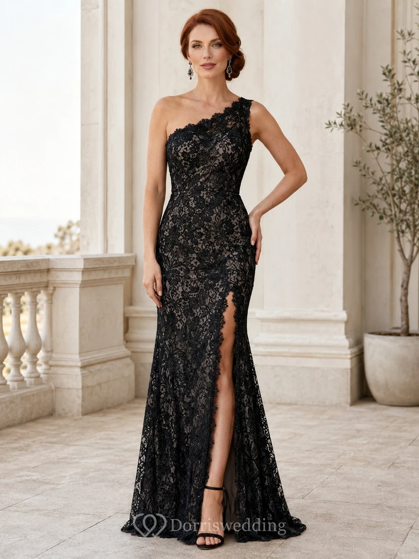 Black Sexy Modern V-Neck Sleeveless Lace Front-Slit Mermaid Floor-Length Evening Dress
