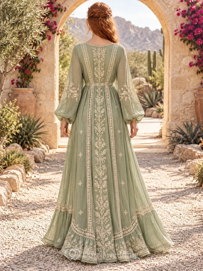 Boho Long Sleeve Sage Scoop Neck Lace Panel Kaftan Wedding Dress view 2