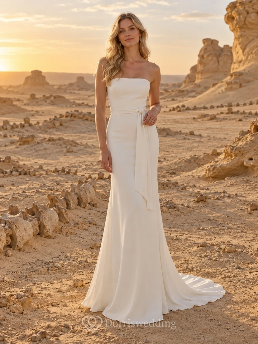 Vestido de novia sencillo, sin tirantes, de satén, con corpiño liso, cintura natural y cola larga hasta el suelo.
