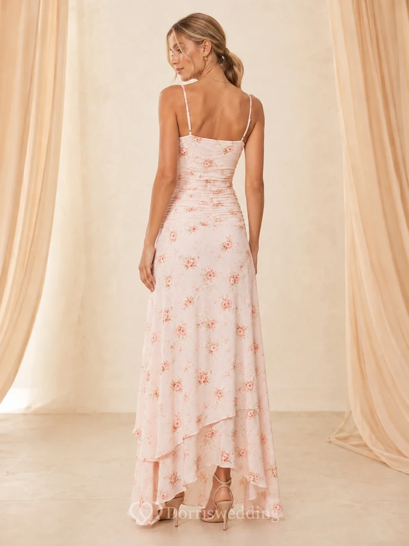 Blush Floral Spaghetti Strap Asymmetrical Tiered Floor-Length Chiffon Dress view 2
