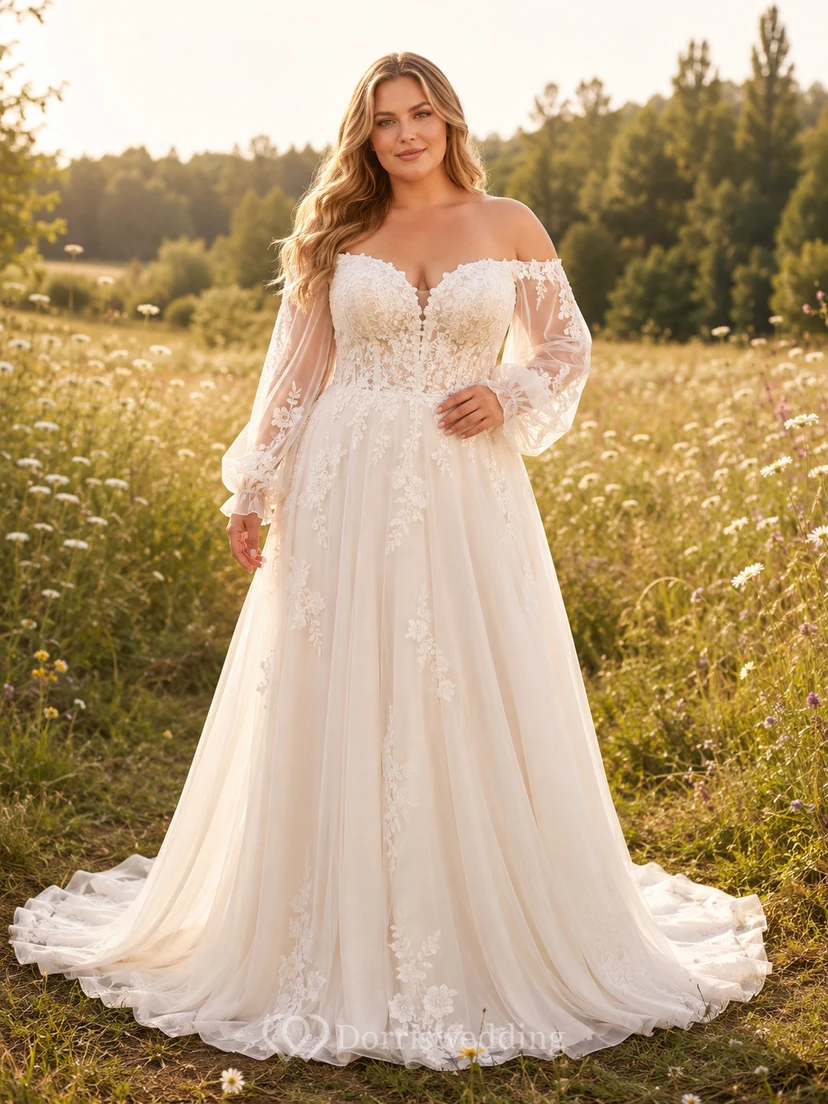 Lace Tulle Wedding Dress A-Line Off Shoulder Long Sleeve Chapel Train Bridal Gown