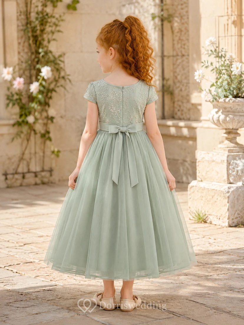 Robe Sage Flower Girl en tulle et dentelle, coupe trapèze, col rond, manches courtes et nœud, longueur thé view 2