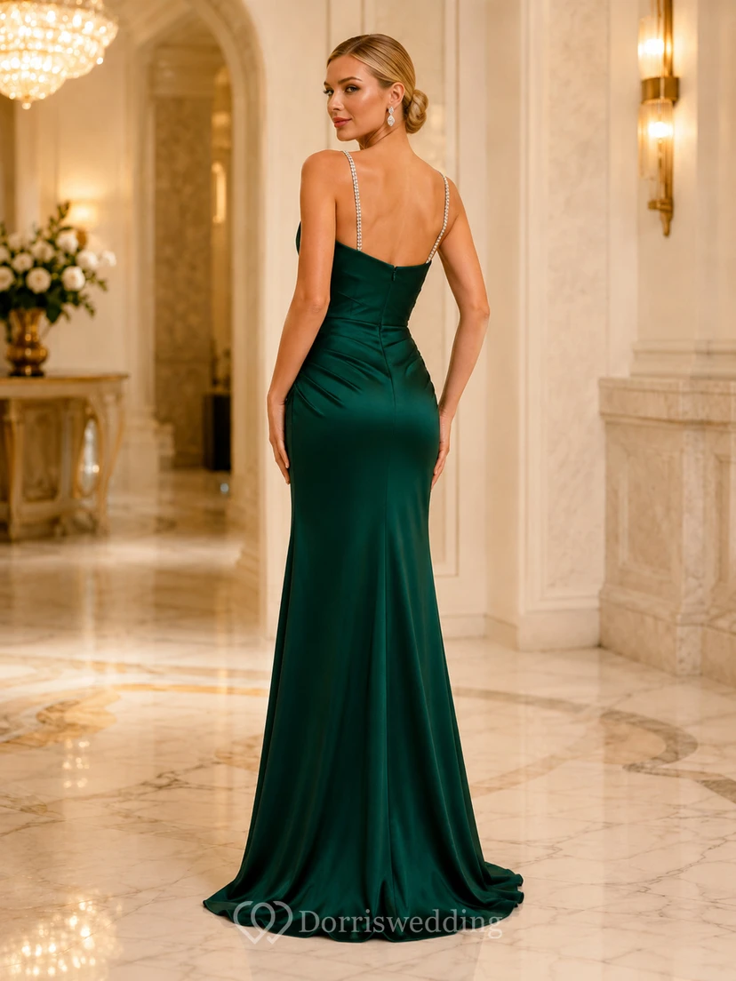 Dark Green Crystal Strap Satin Slit Evening Dress view 2