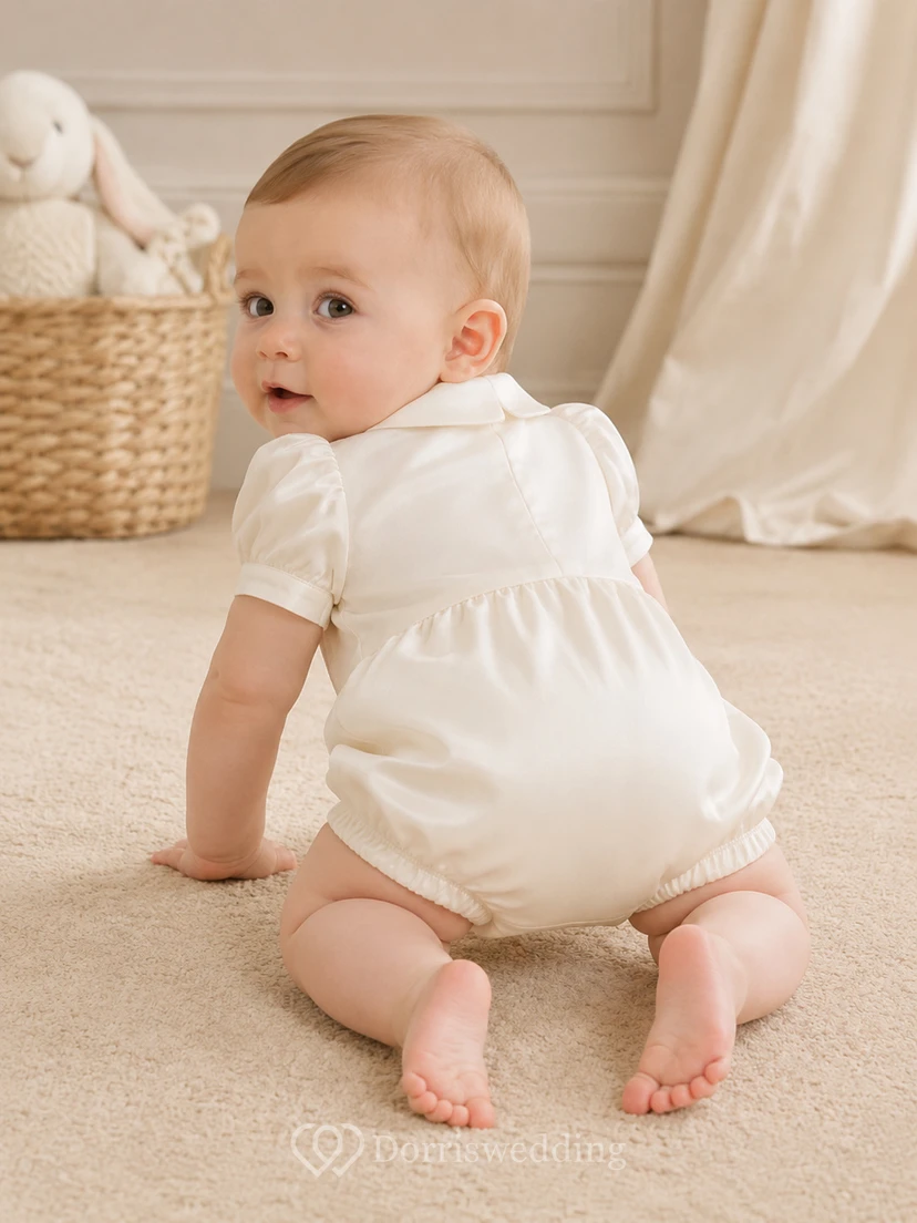 Elfenbeinfarbener Baby-Tauf-Strampler mit Spitze, Biesen und Puffärmeln für Jungen view 2