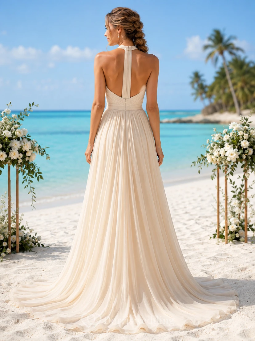 Champagne Beach Halter Chiffon A-Line Ocean Ceremony Dress view 2