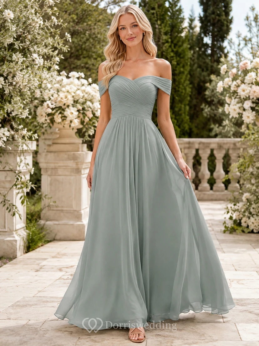 Celadon Harmony A-Line Floor-Length Off-Shoulder Short-Sleeve Chiffon Romantic Bridesmaid Dress