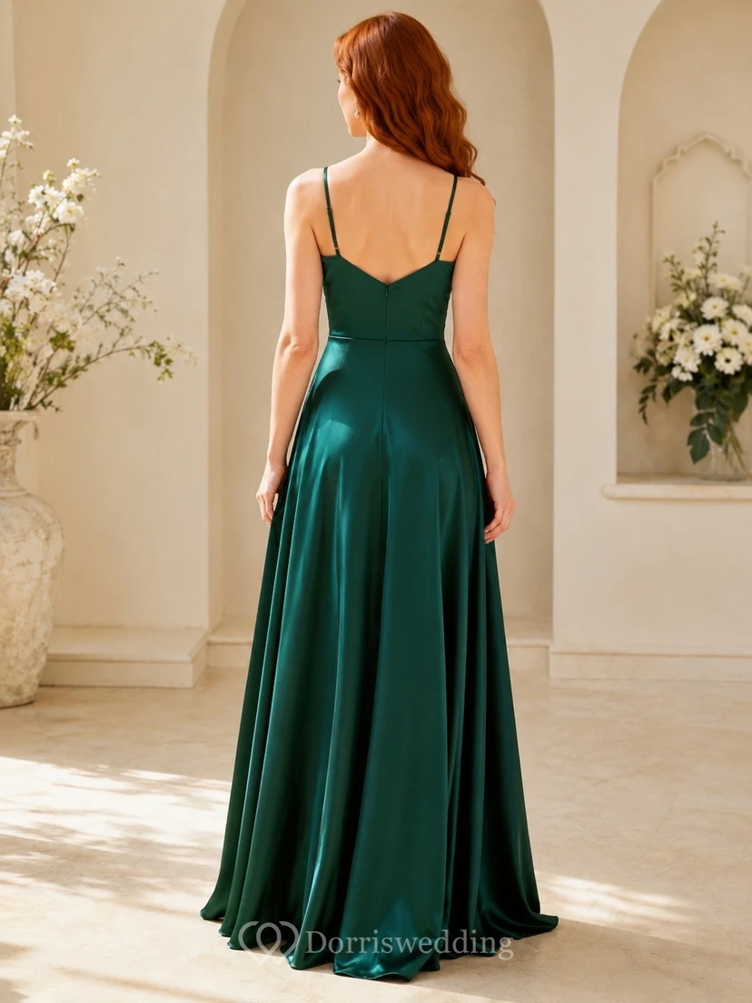 Smaragdgrünes Abendkleid aus Satin mit Wasserfallausschnitt, Spaghettiträgern und A-Linien-Schnitt, bodenlang view 2