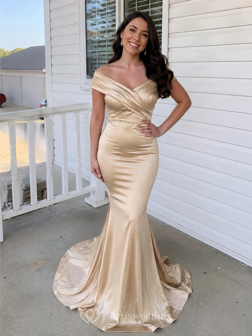 Mermaid Trumpet Satin Off-the-shoulder Short Sleeve Zipper Dress view 9