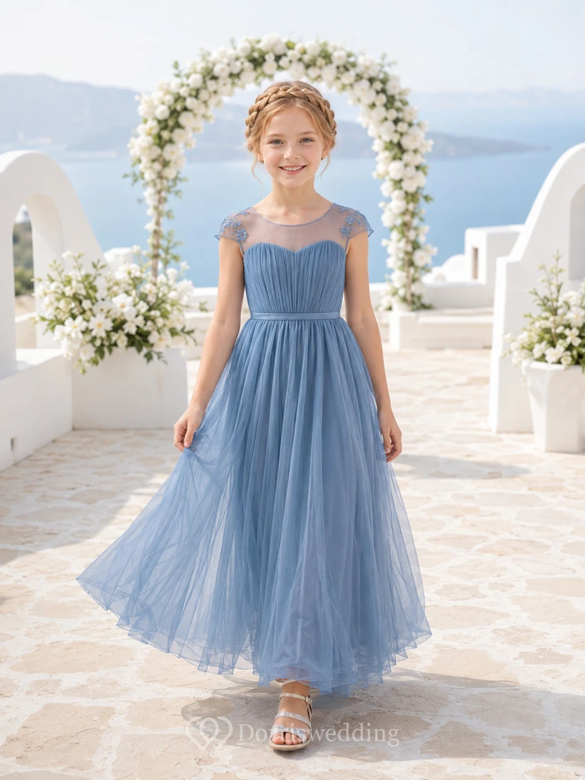 Flower Girl Dress Ivory Lace Tulle A-Line Scoop Neck Tea Length
