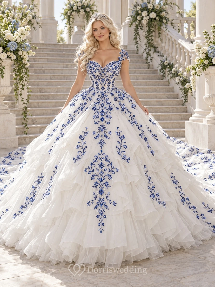 Vestido de novia de gala azul marino con estampado floral, escote corazón, mangas cortas y cola de tul en cascada.