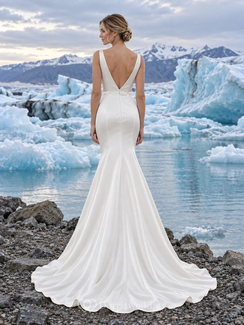 Sencillo vestido de novia de satén estilo sirena con escote barco y espalda en V sin mangas. view 2