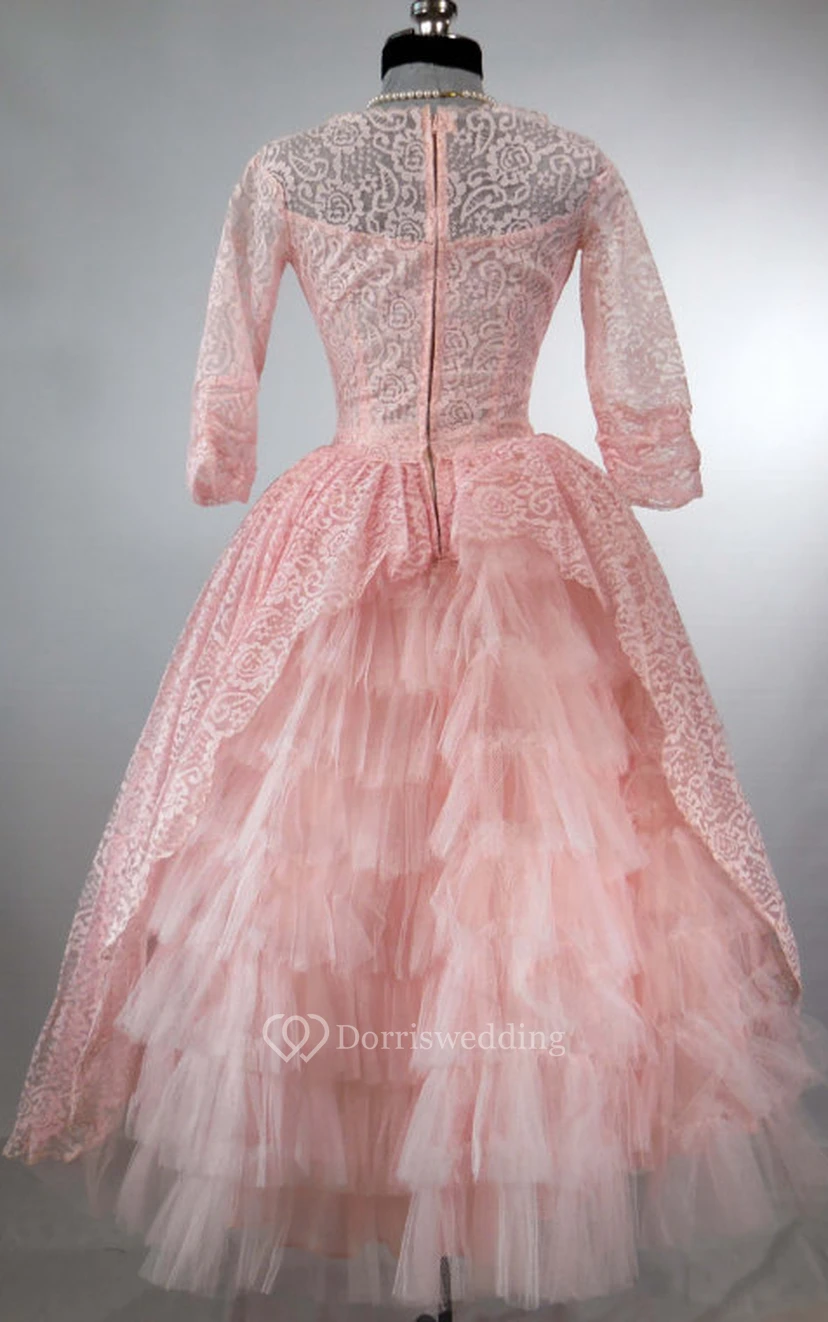 Vintage Long-sleeved Lace Ball Gown With Ruffles view 2