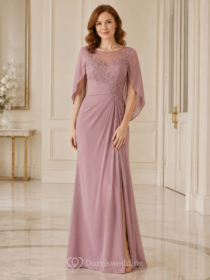 Modest Dusty Rose Jewel Lace Cape Sleeve Draped Sheath Floor-Length Mother Dress