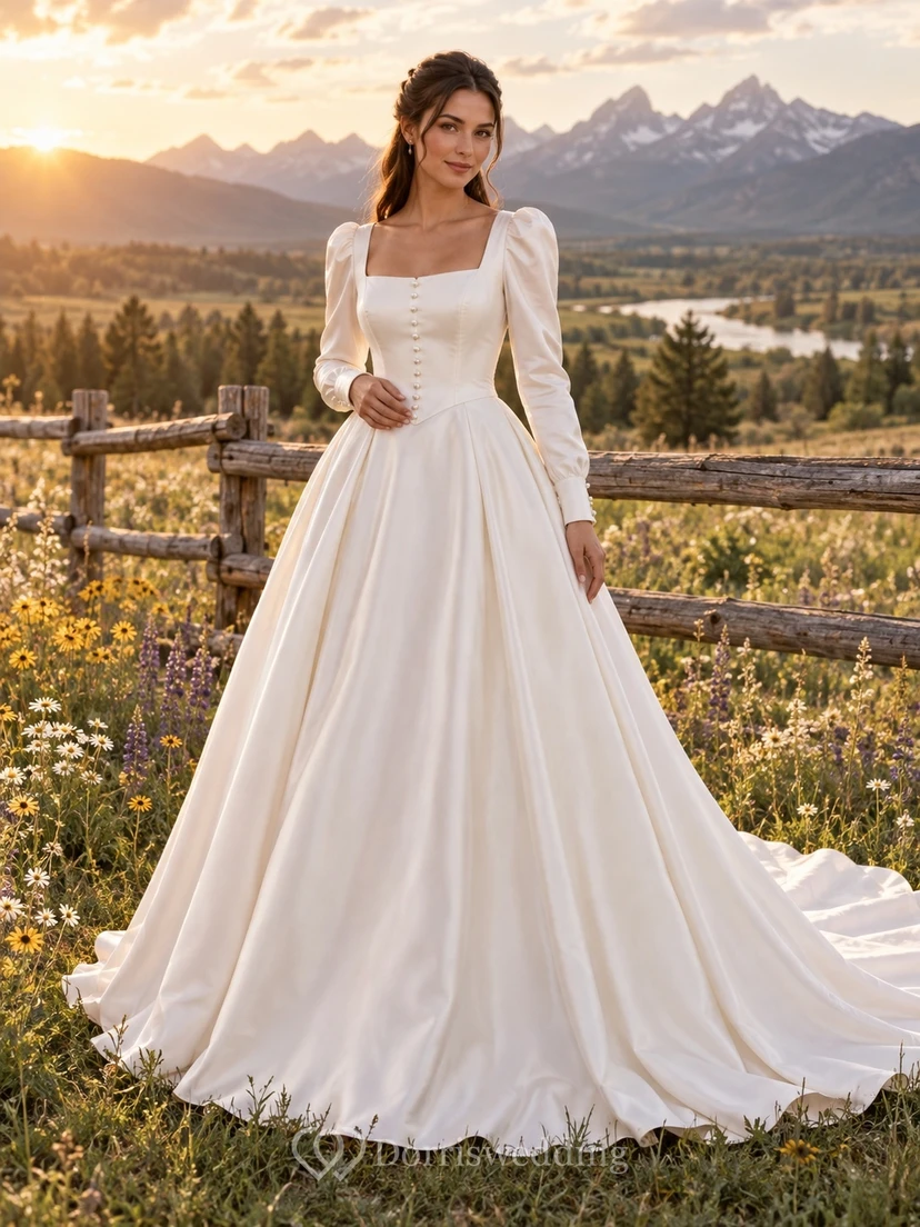 Sencillo vestido de novia de satén estilo western campestre con escote cuadrado, manga larga y corte en A, con botones forrados.