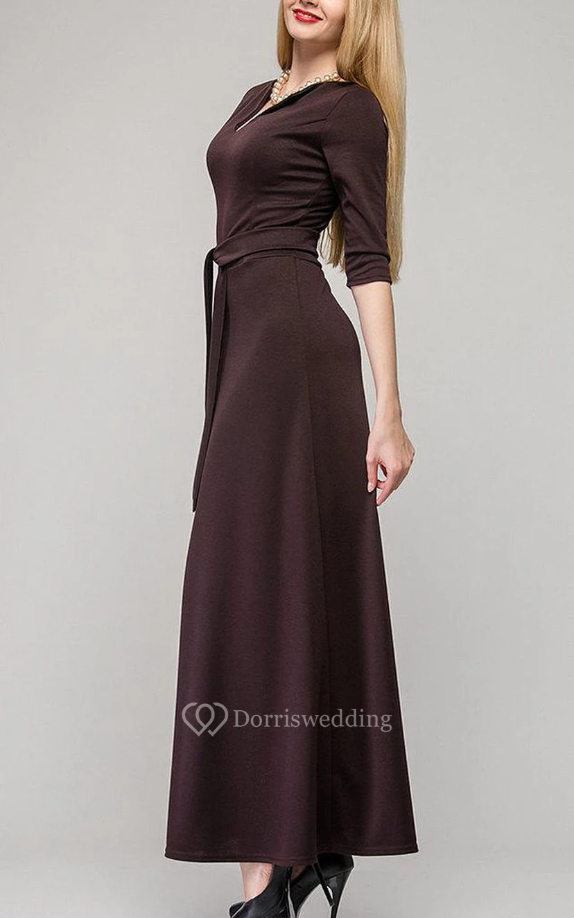 Knöchellanges Jerseykleid mit V-Ausschnitt, halben Ärmeln, A-Linie, Falten und Schärpe view 2