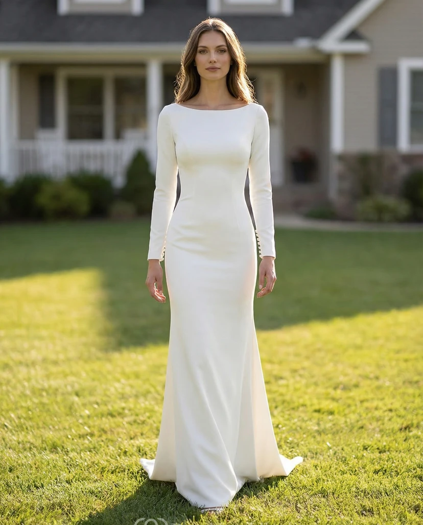 Deep-V Back Floor Length Simple Wedding Dress