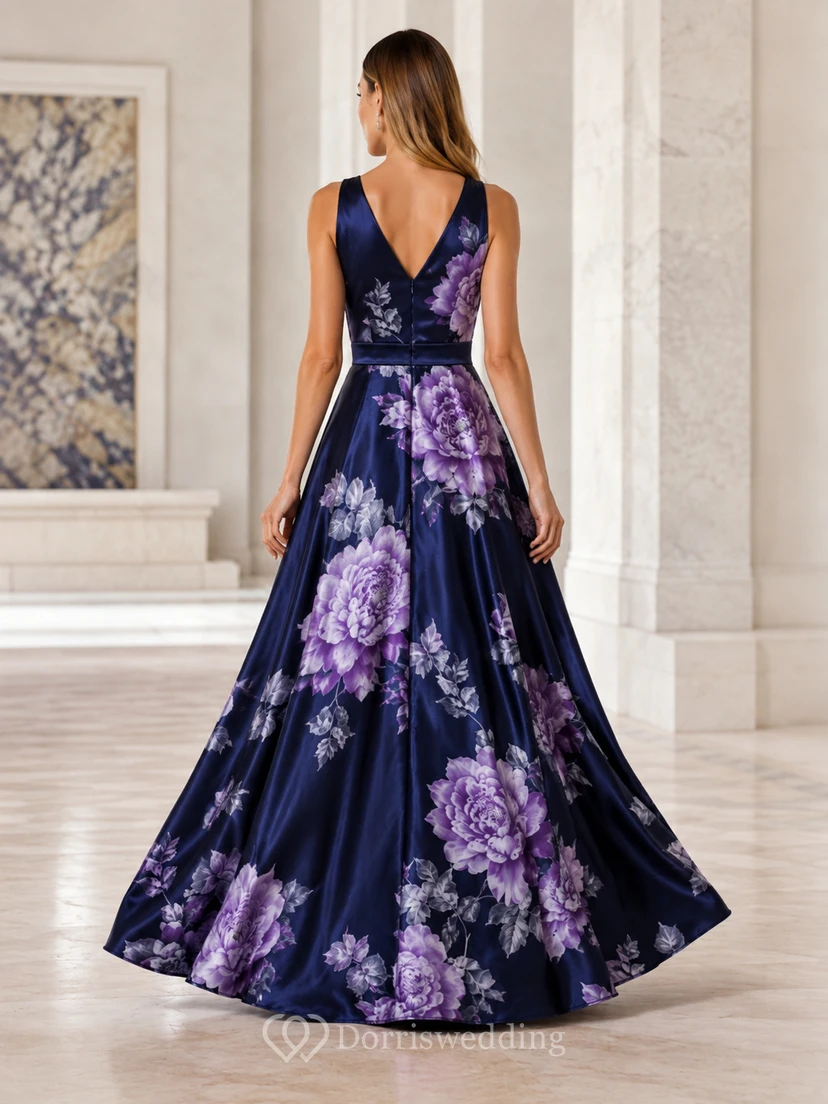 Navy Floral V Neck Sleeveless Satin Slit A Line Formal Gown view 2