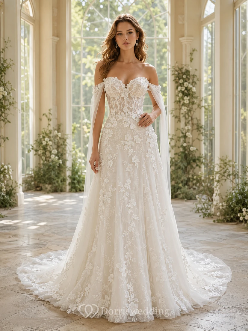 Robe de mariée bustier cœur en dentelle botanique, coupe trapèze, traîne chapelle illusion, épaules dénudées