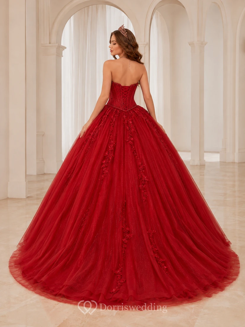 Red Luxury Strapless Sweetheart Corset Applique Tulle Princess Quinceanera Ball Gown view 2