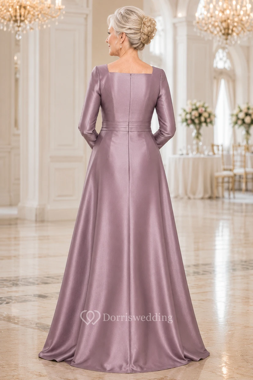 Mauvefarbenes A-Linien-Kleid aus Satin mit langen Ärmeln view 2