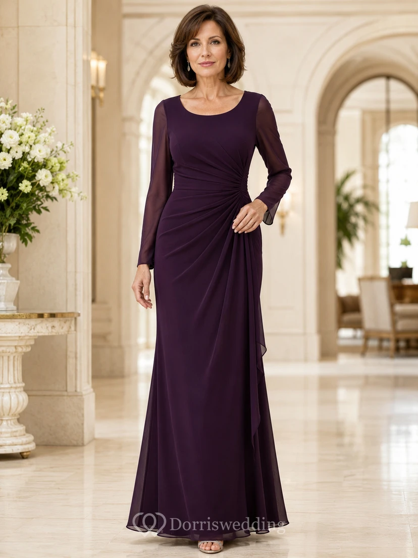 Elegantes, figurschmeichelndes Abendkleid für reife Mütter mit eckigem Ausschnitt, langen Ärmeln und seitlichen Raffungen im Meerjungfrauenstil (bodenlang)