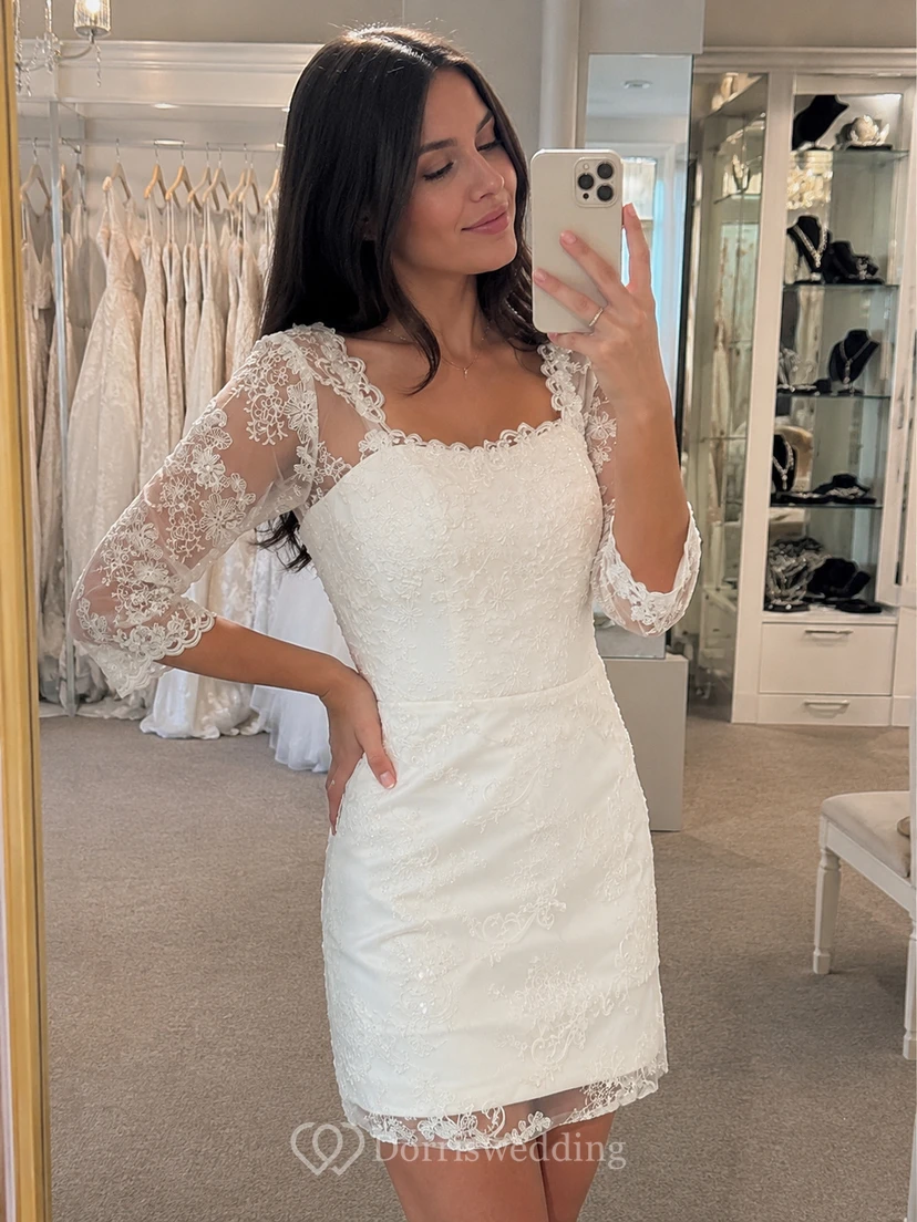 Vintage Half-Sleeve Short Dress With Lace Overlay view 5