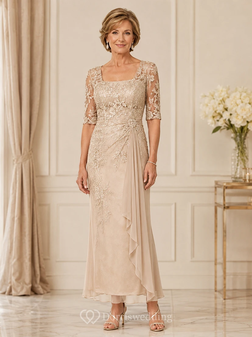 Champagne Cascading Drape Mother Dress Champagne Square Sheath Ankle-length