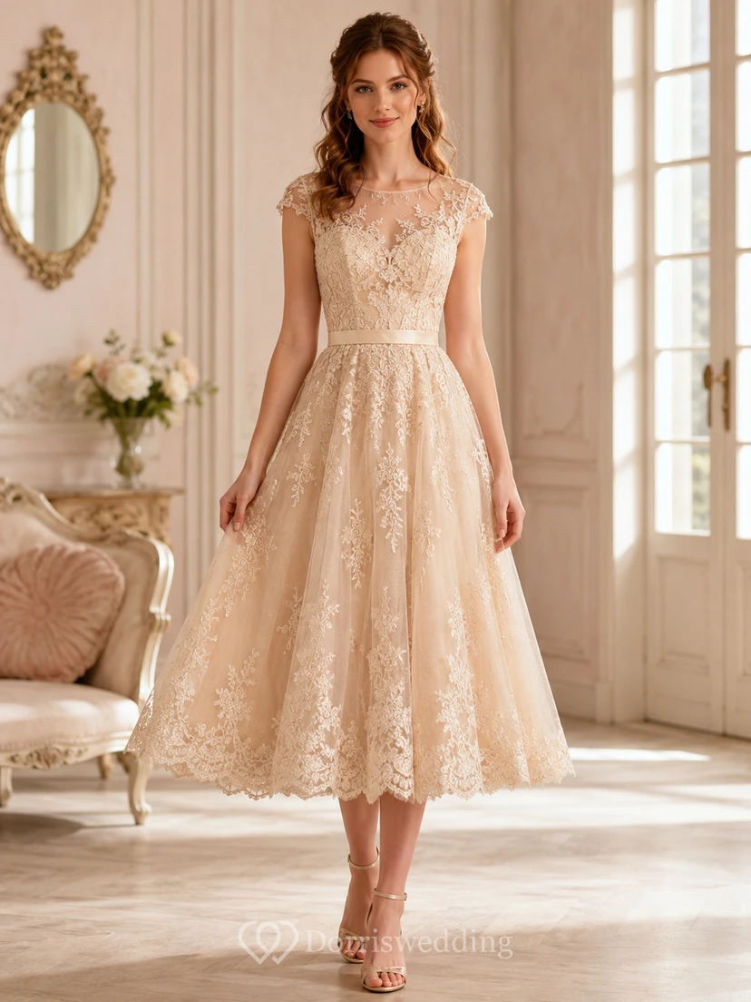 Heirloom Tea Champagne A-Line Bateau Short-Sleeve Lace Vintage Guest Dress