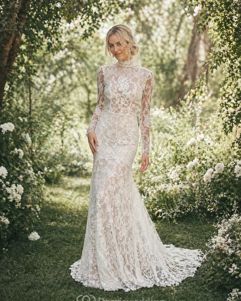 high neck long sleeve wedding dress A-line Satin with Sleeves,Modest Wedding Dress Glide down the aisle in this gorgeous fitted creation inspired by the ice queens. Modest High Neck Long Sleeve