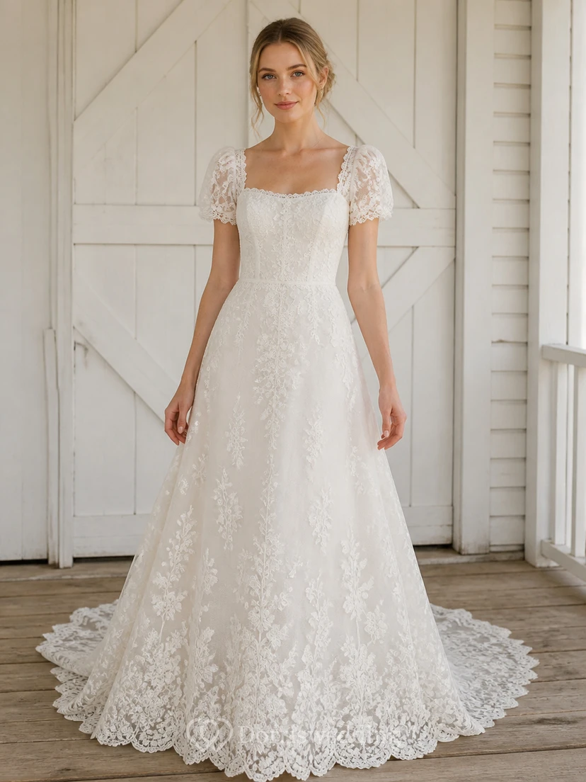 Vestido de novia modesto de manga corta, corte A, escote cuadrado, encaje floral y cola capilla