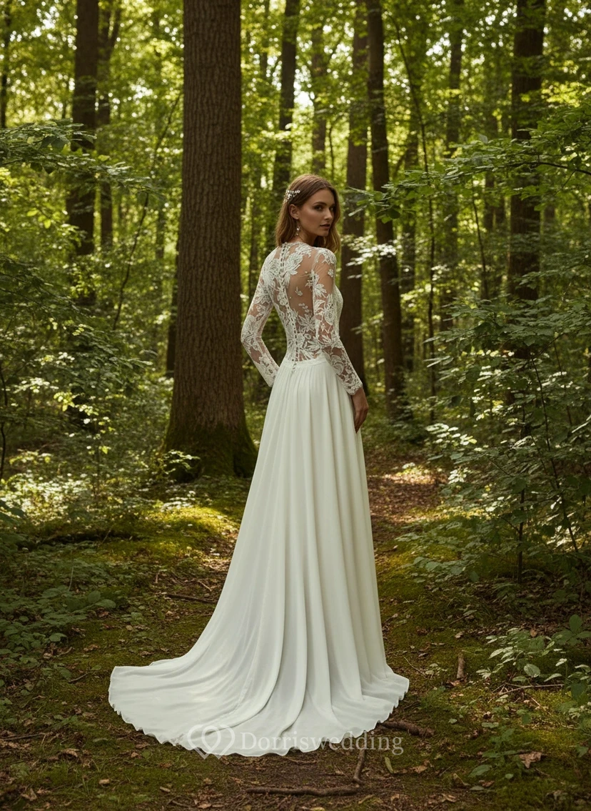 Illusion V-Neck Long Sleeve Lace Chiffon Forest Wedding Dress view 2