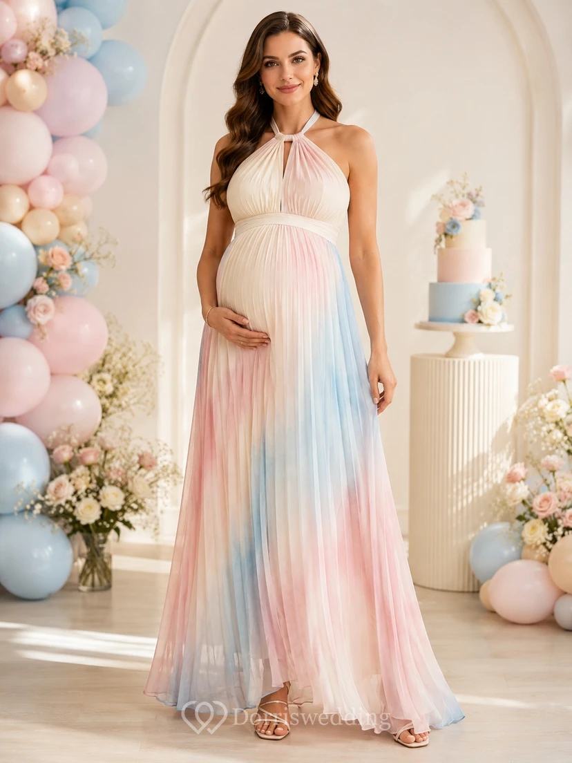 Maternity Pastel Halter Pleated Chiffon Empire Floor-Length Gradient Formal Gown