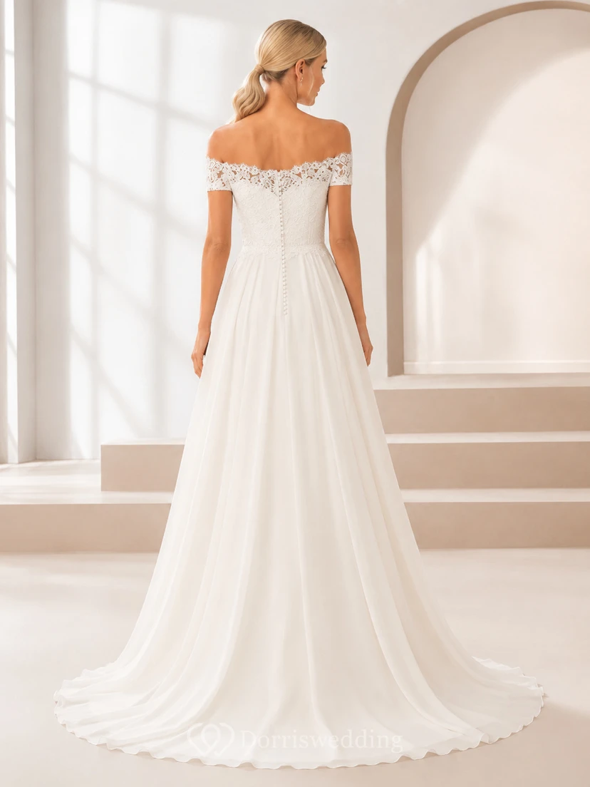 Schulterfreies, bodenlanges Brautkleid aus Spitze und Tüll in A-Linie view 2