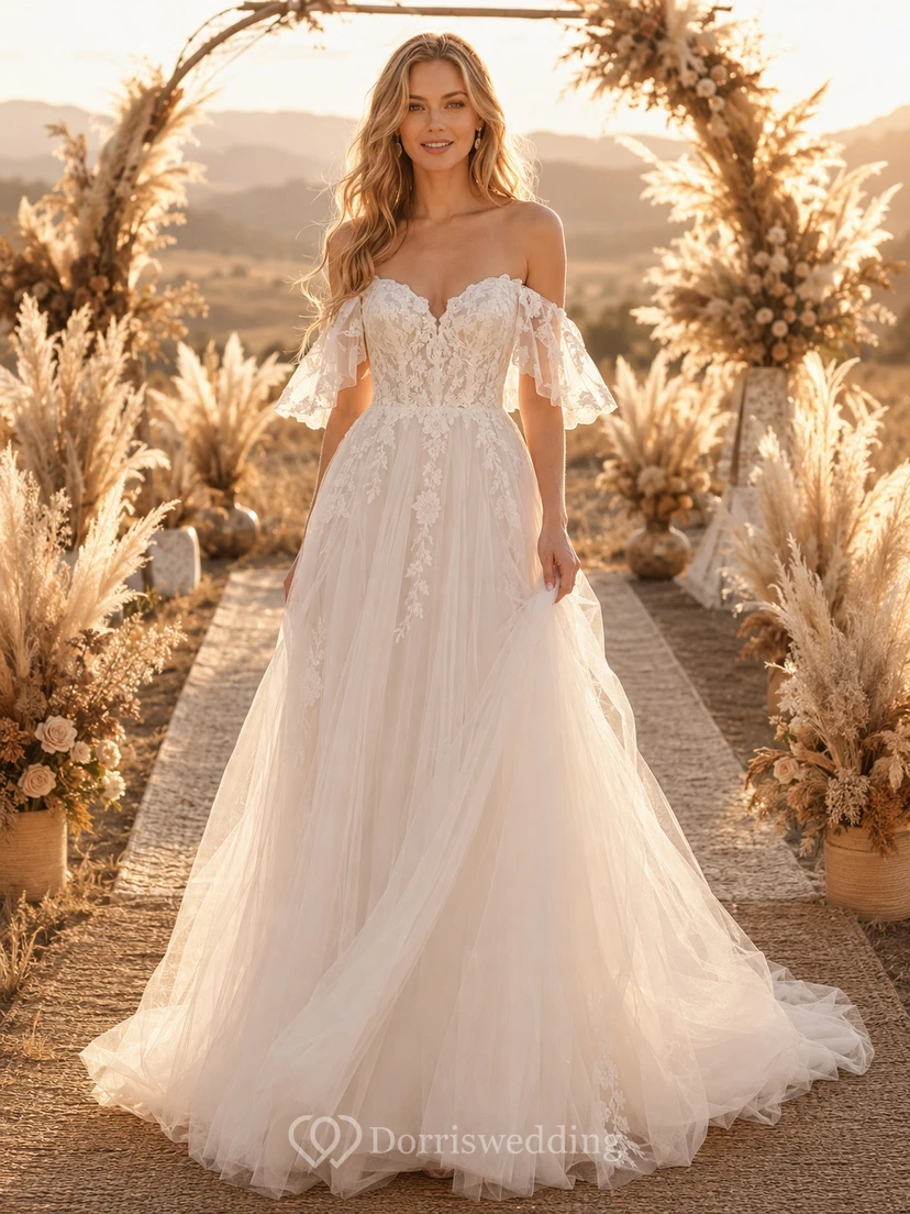 Schulterfreies Brautkleid aus Spitze, Tüll und Pampas-Stoff in A-Linie