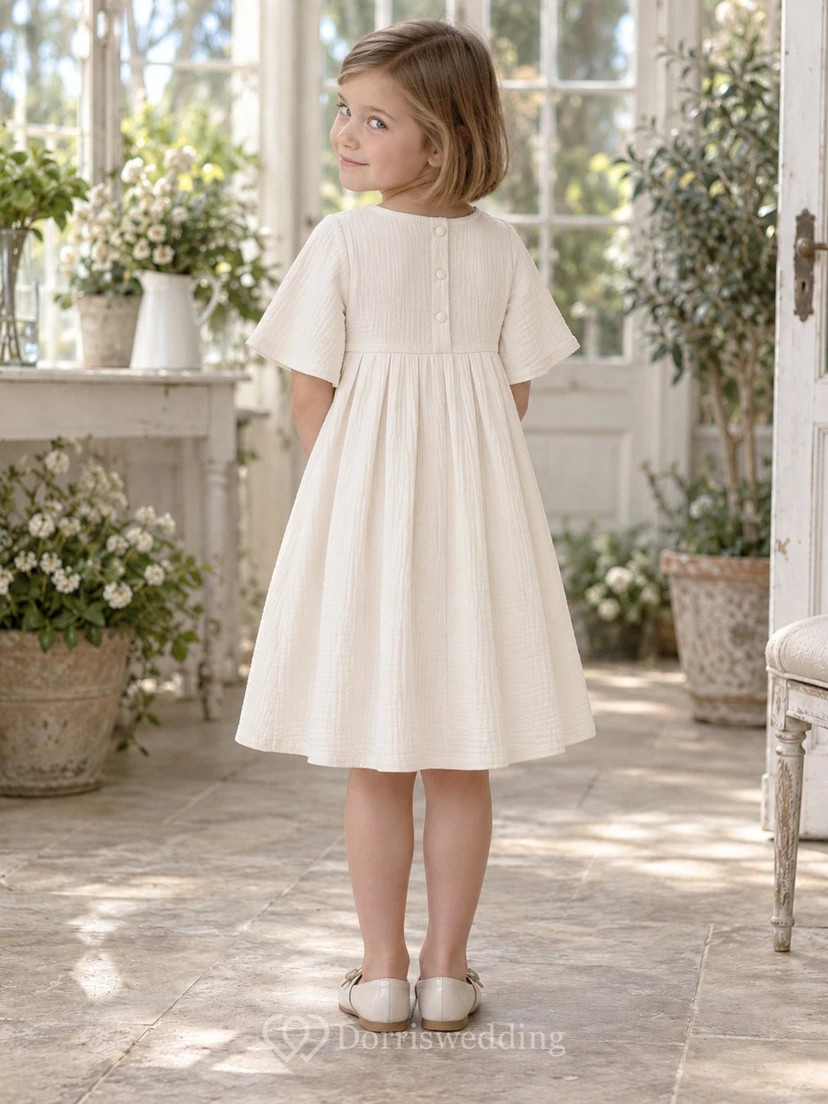 Simple Country Modest Cream Empire Blue-floral Jewel Half-sleeve Gathered Button-back Flower Girl Dress view 2