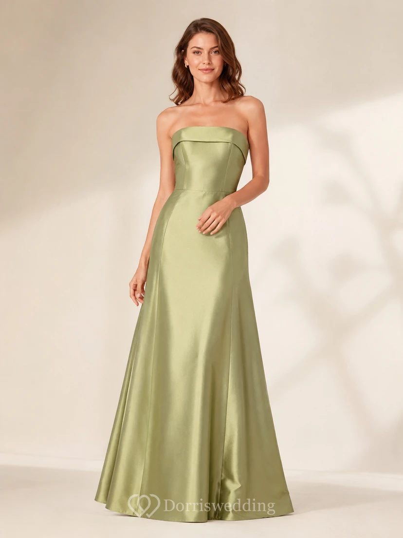 Sage strapless satin floor length A-line bridesmaid dress