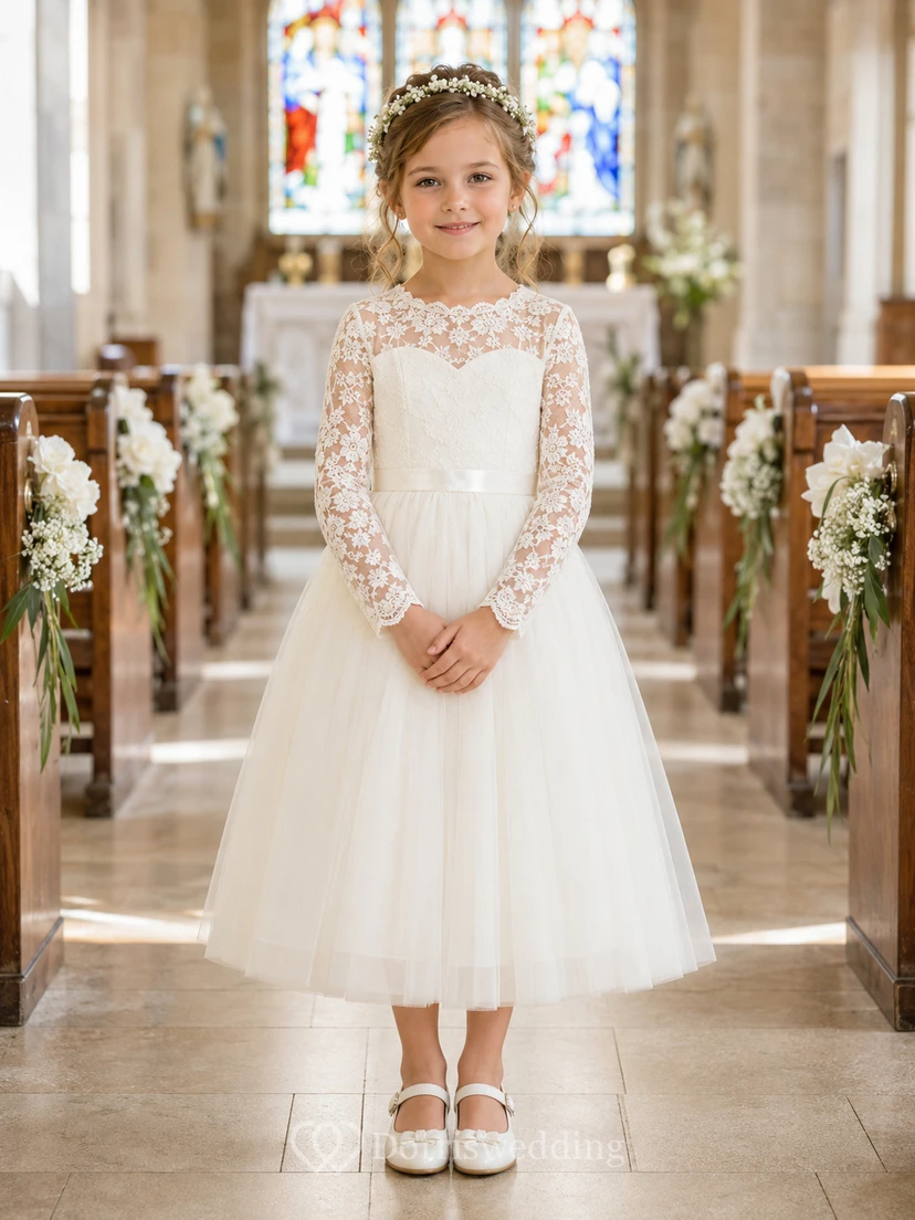 Flower Girl Dress Ivory Lace Tulle A-Line Long Sleeve Scoop Neck Tea Length