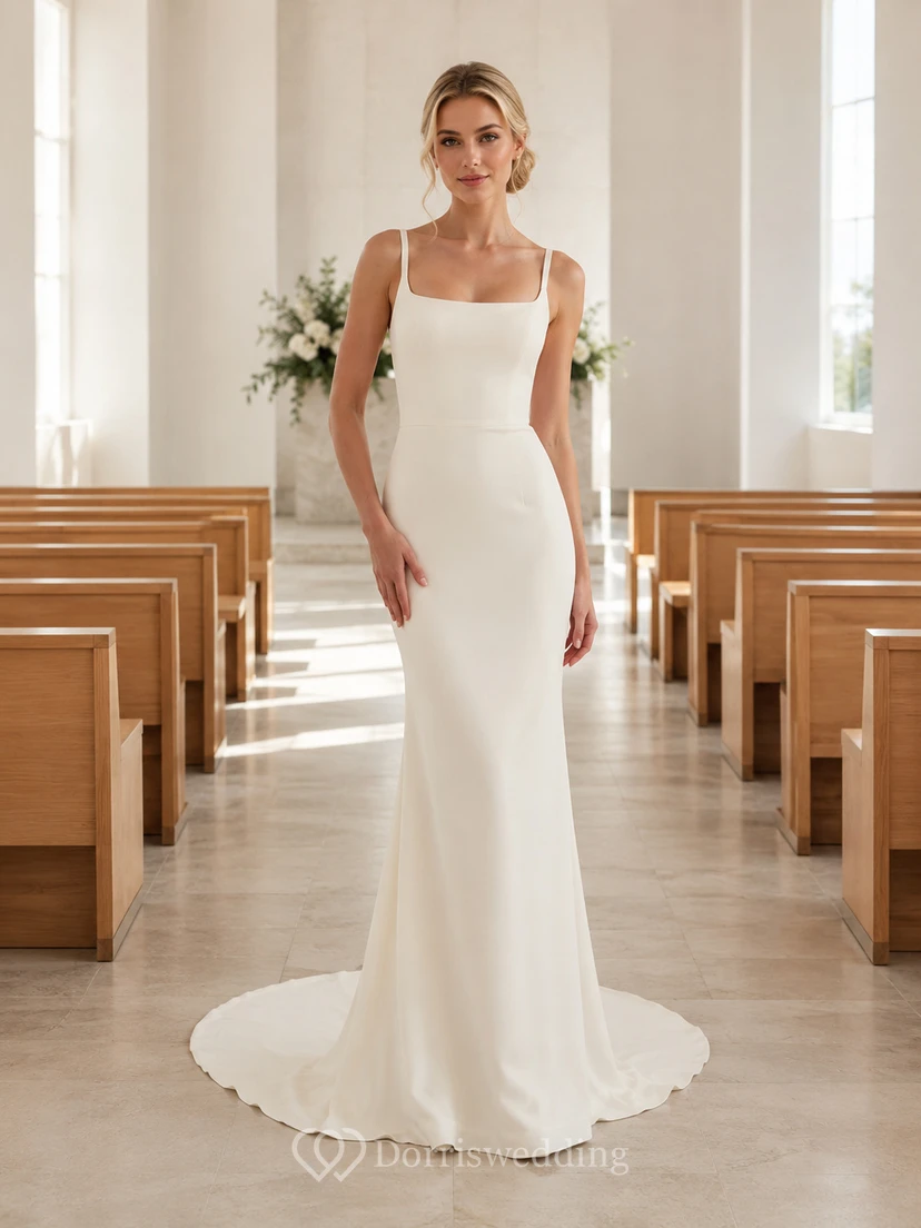 Minimalistisches Brautkleid aus Crêpe mit eckigem Ausschnitt im modernen Kapellenstil