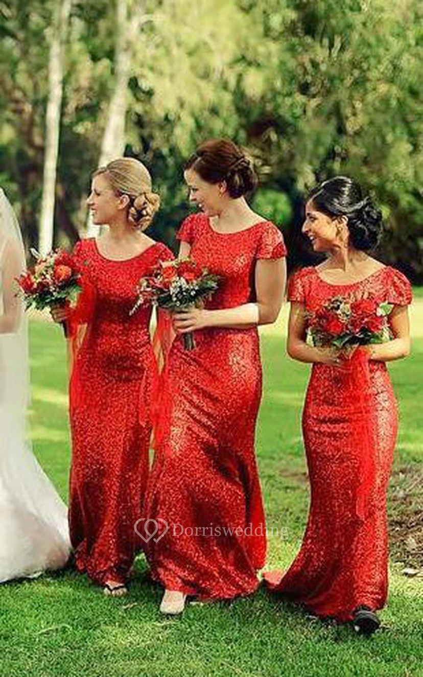 Cap-sleeved Long Sheath Dress with Scoop Neck and Sequins view 3