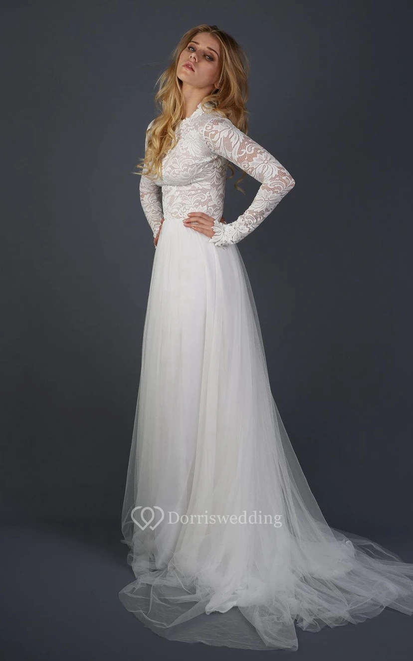 Vestido de novia de gasa, tul y encaje de manga larga view 3