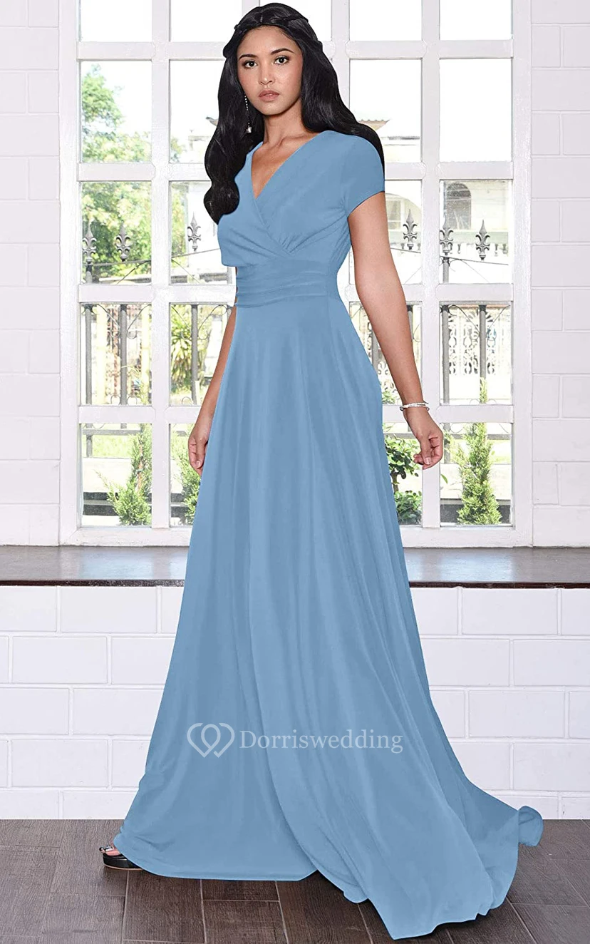 Modern Jersey V-neck Short Sleeve Mother Dress With Criss Cross and Pleats view 22