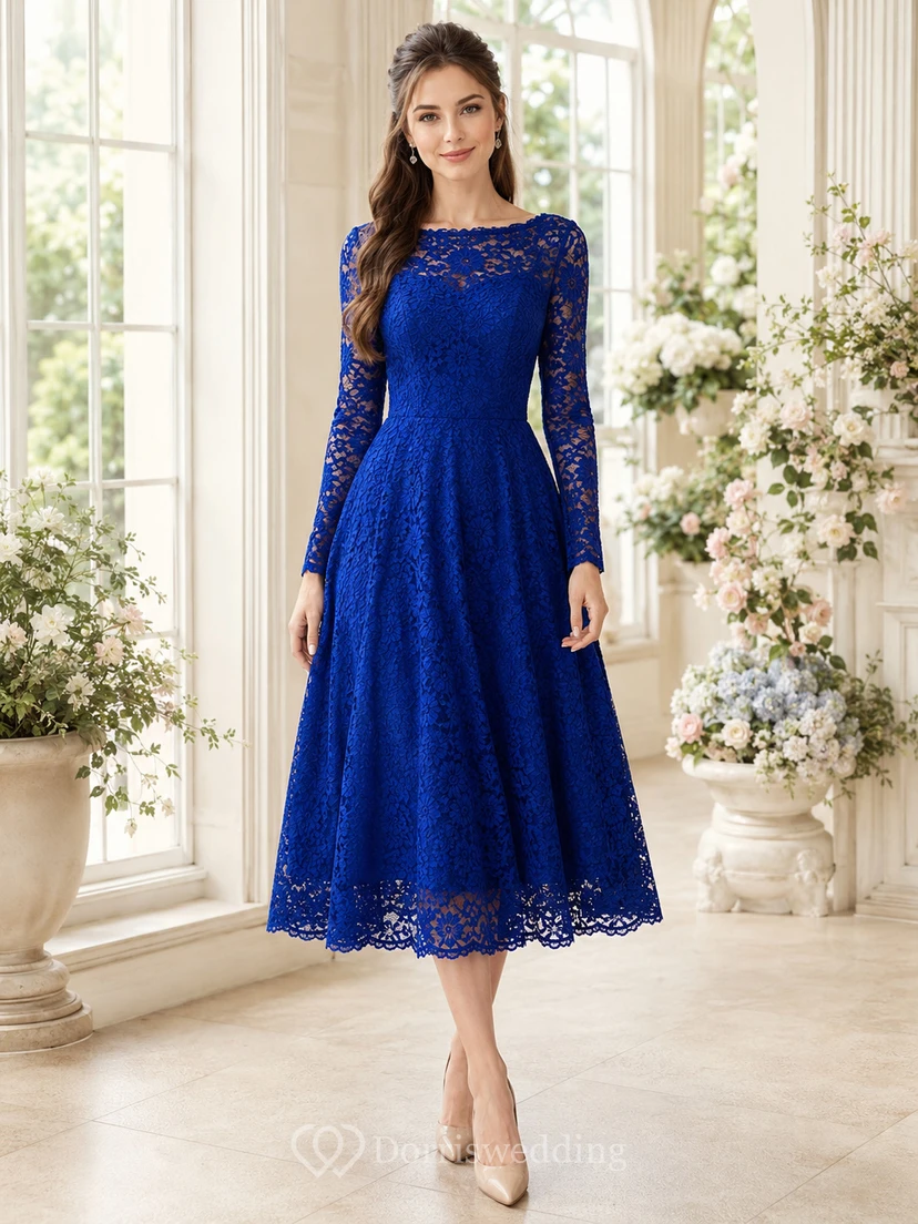 Elegantes, königsblaues Teemutterkleid mit U-Boot-Ausschnitt, langen Ärmeln und Spitze