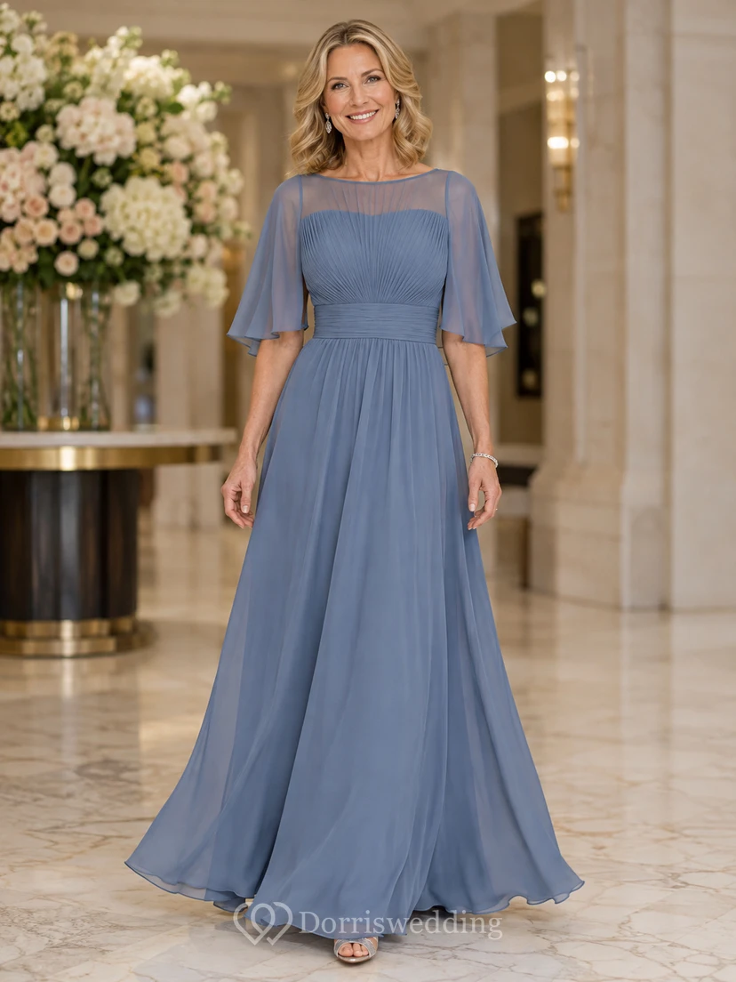 Schieferblaues, elegantes, formelles Mutterkleid aus Chiffon mit U-Boot-Ausschnitt, flatternden Ärmeln und Falten